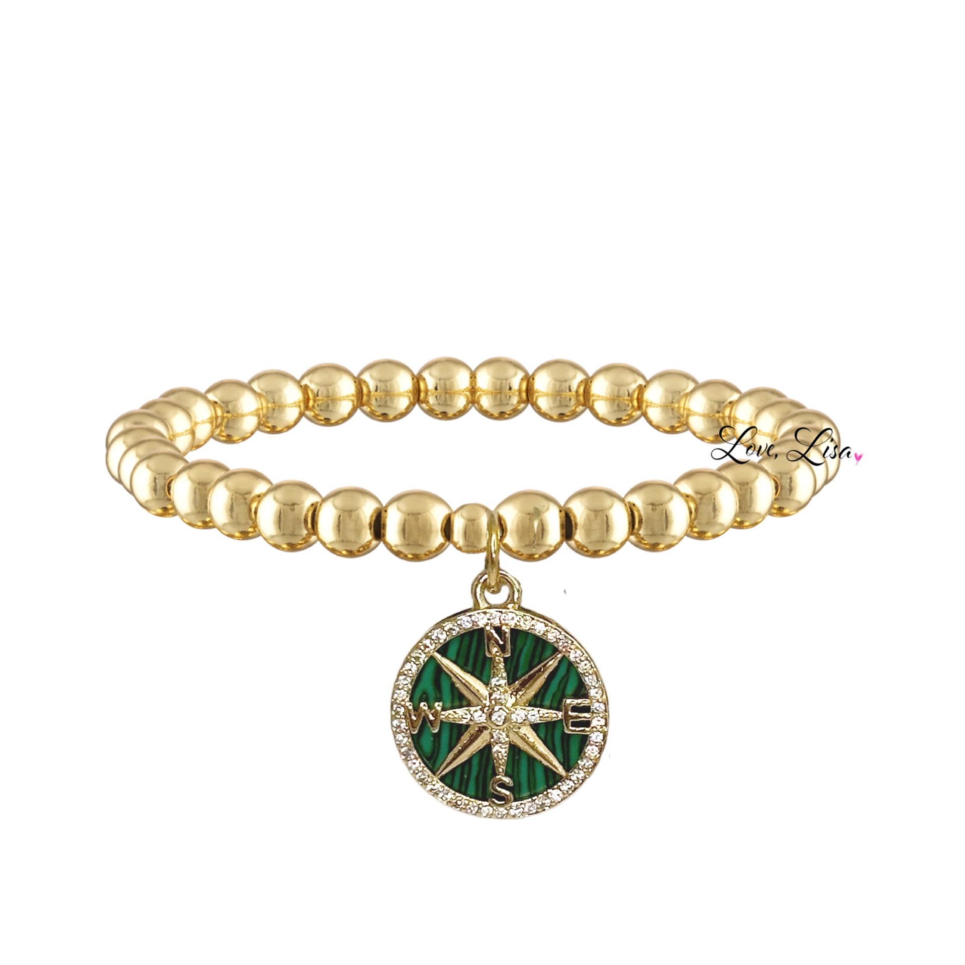 cindi compass bracelet gold beaded stretch bracelet with cgreen ompass charm