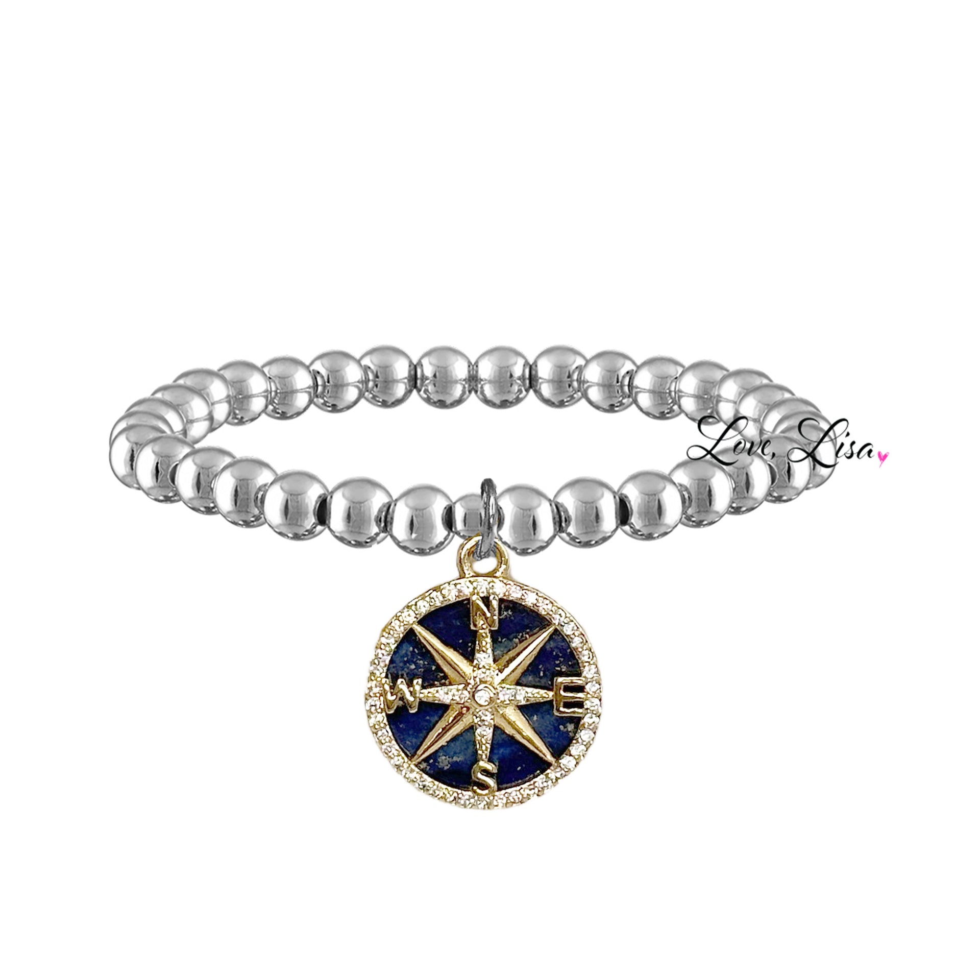 cindi compass bracelet silver beaded bracelet with blue mother of pearl compass charm