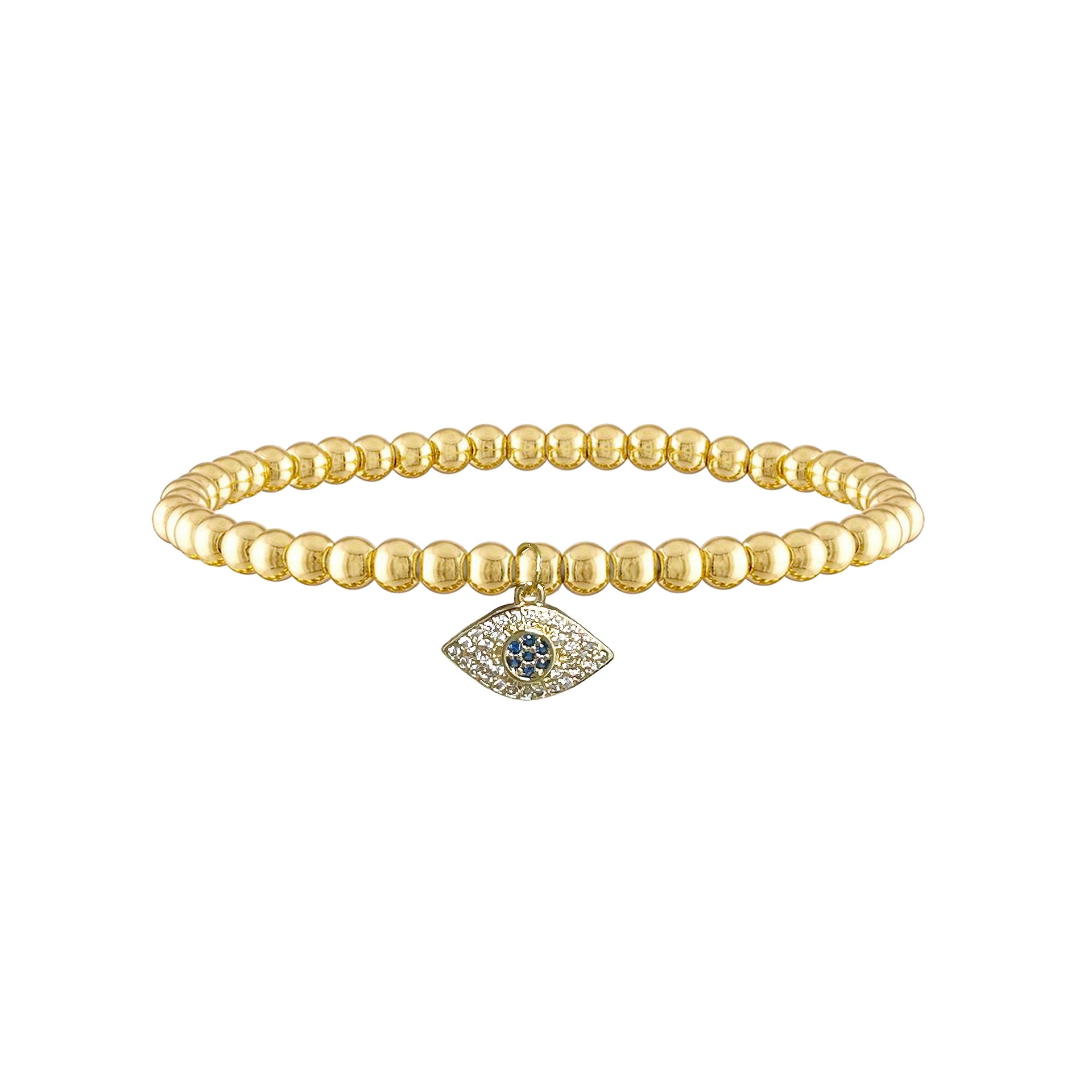 cynthia small eye bracelet gold brass beads with blue pave evil eye charm