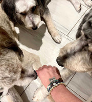 dog mom crystal beaded bracelet stack lifestyle photo with dog