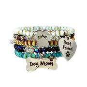 Dog Mom crystal beaded bracelet stack with paw print best friend heart and St Francis charm in fall and winter colors