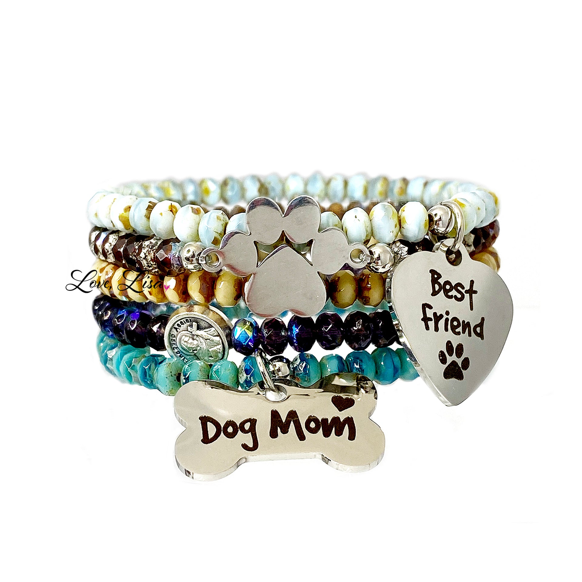 Dog Mom crystal beaded bracelet stack with paw print best friend heart and St Francis charm in fall and winter colors