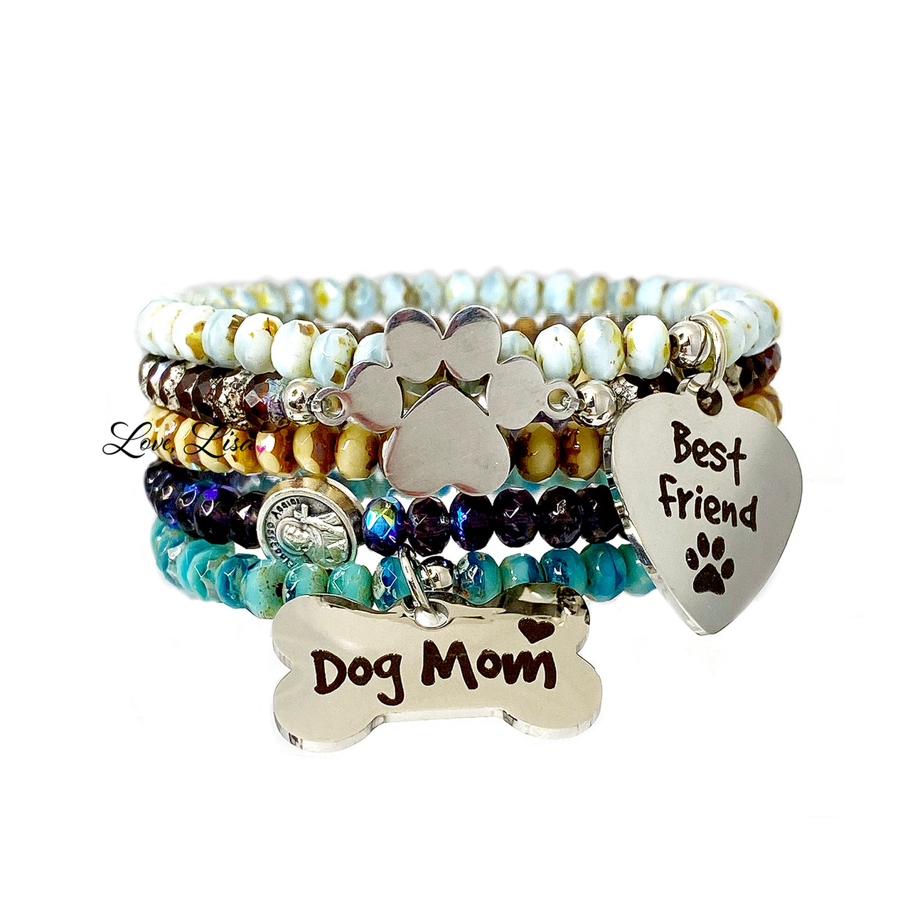 Dog Mom Crystal Beaded Bracelet Stack