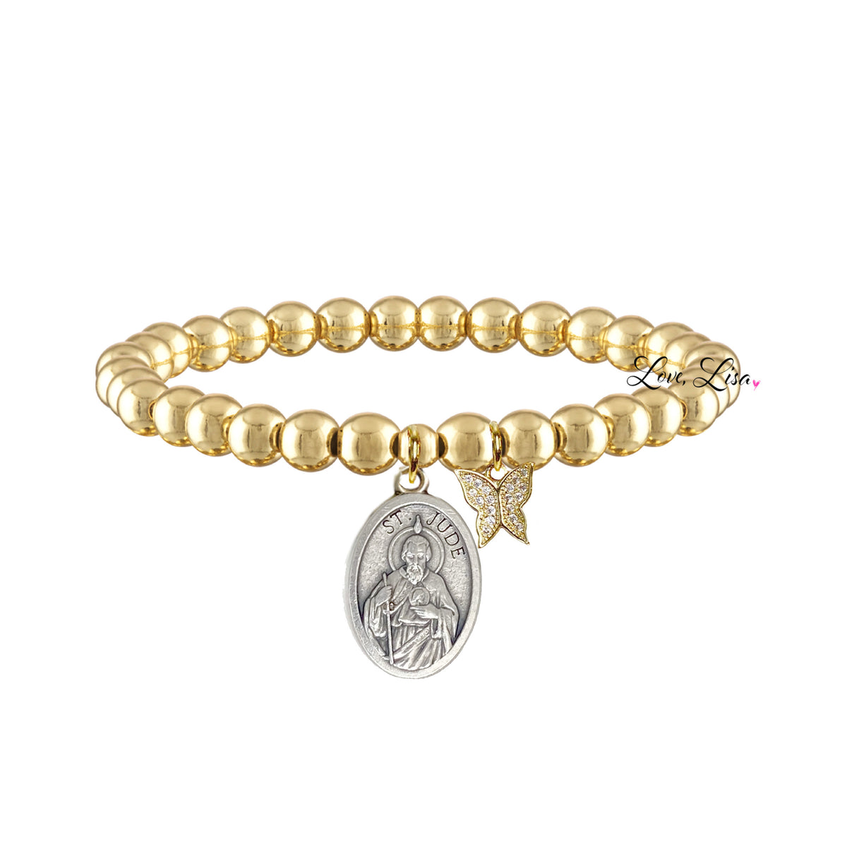 Love Lisa Don't Quit Saint Jude Butterfly Bracelet in Gold with polished beads, Saint Jude medal, and butterfly charm
