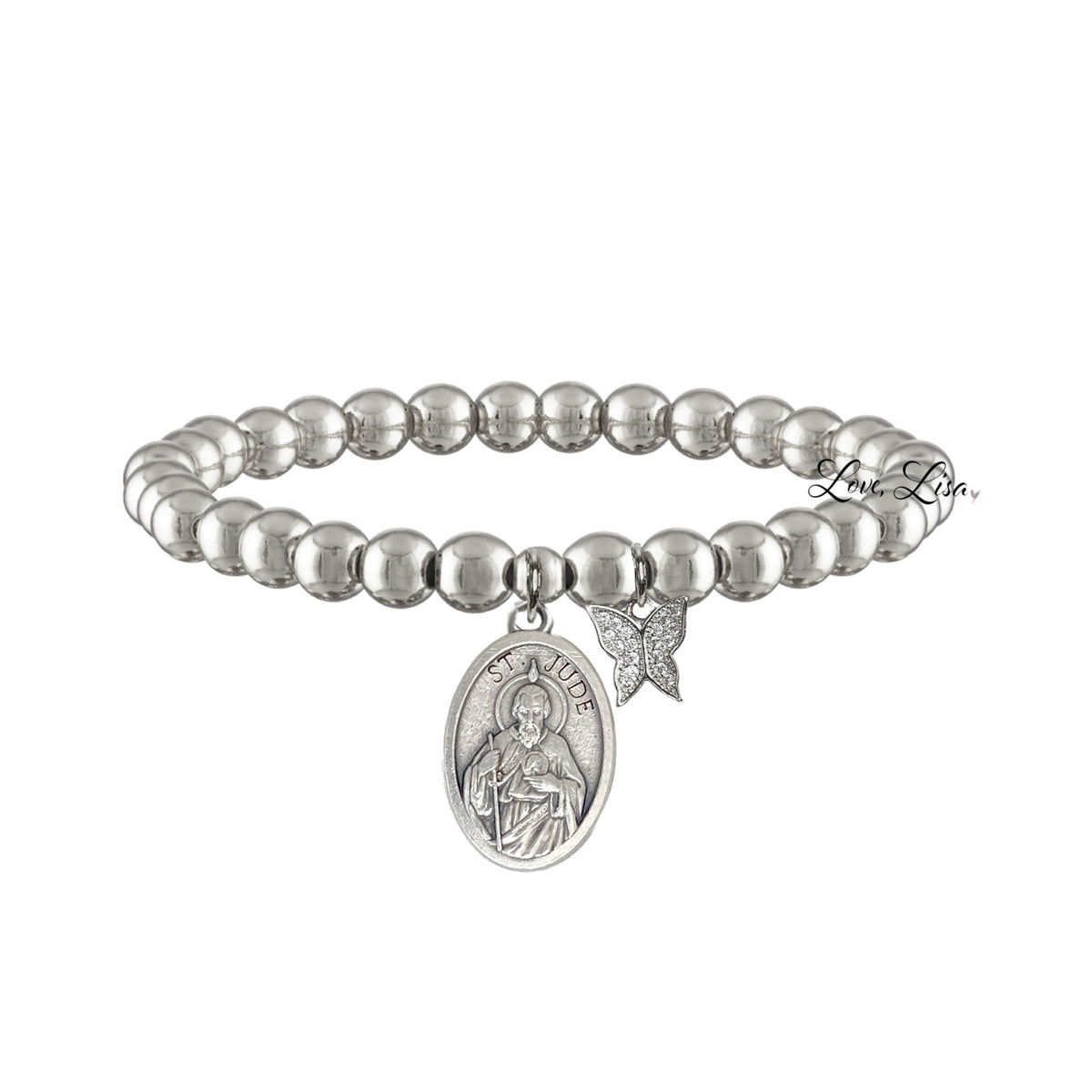 Love Lisa Don't Quit Saint Jude Butterfly Bracelet in Silver with polished beads and Saint Jude medal