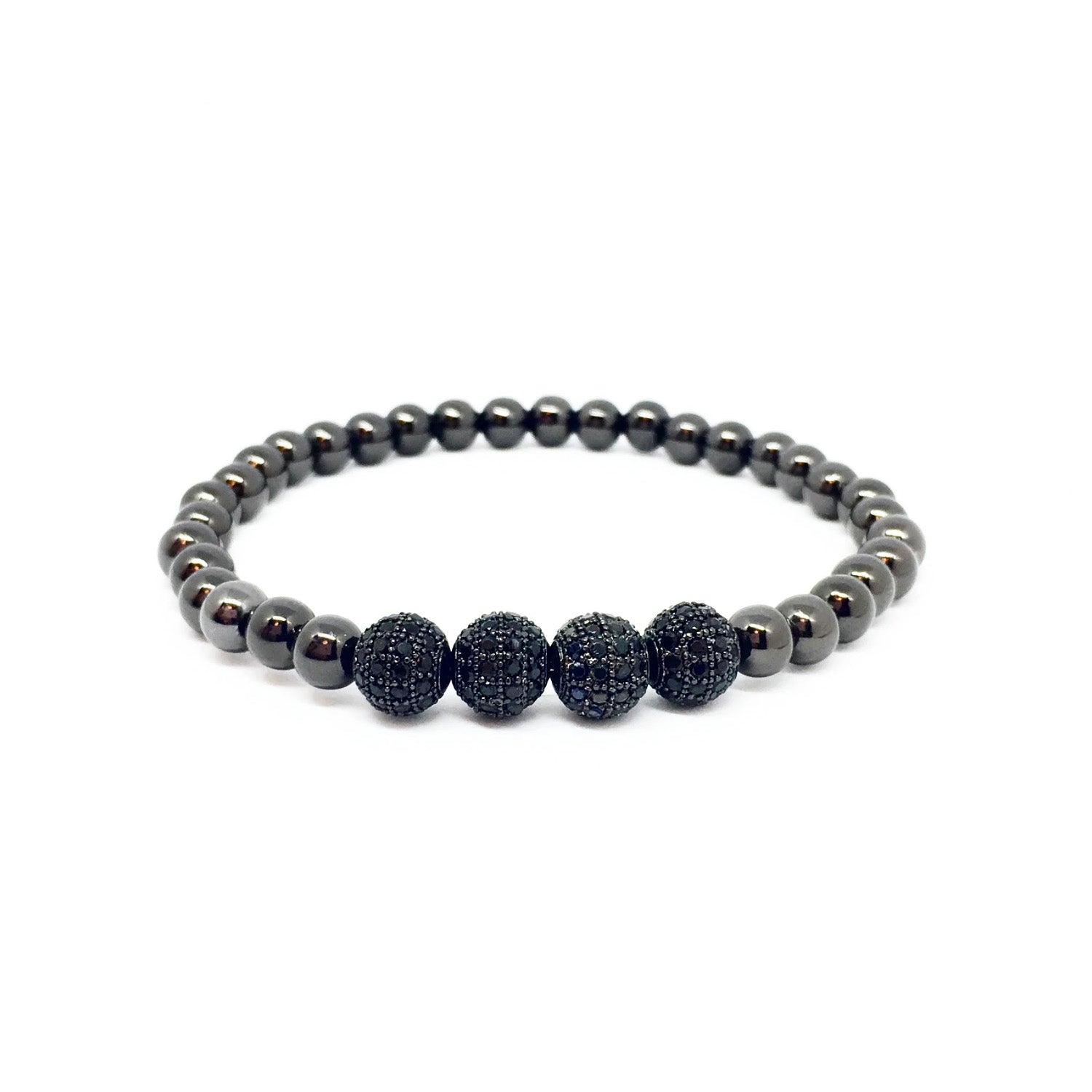 Gunmetal beaded men’s bracelet with four black diamond pavé beads by Love Lisa