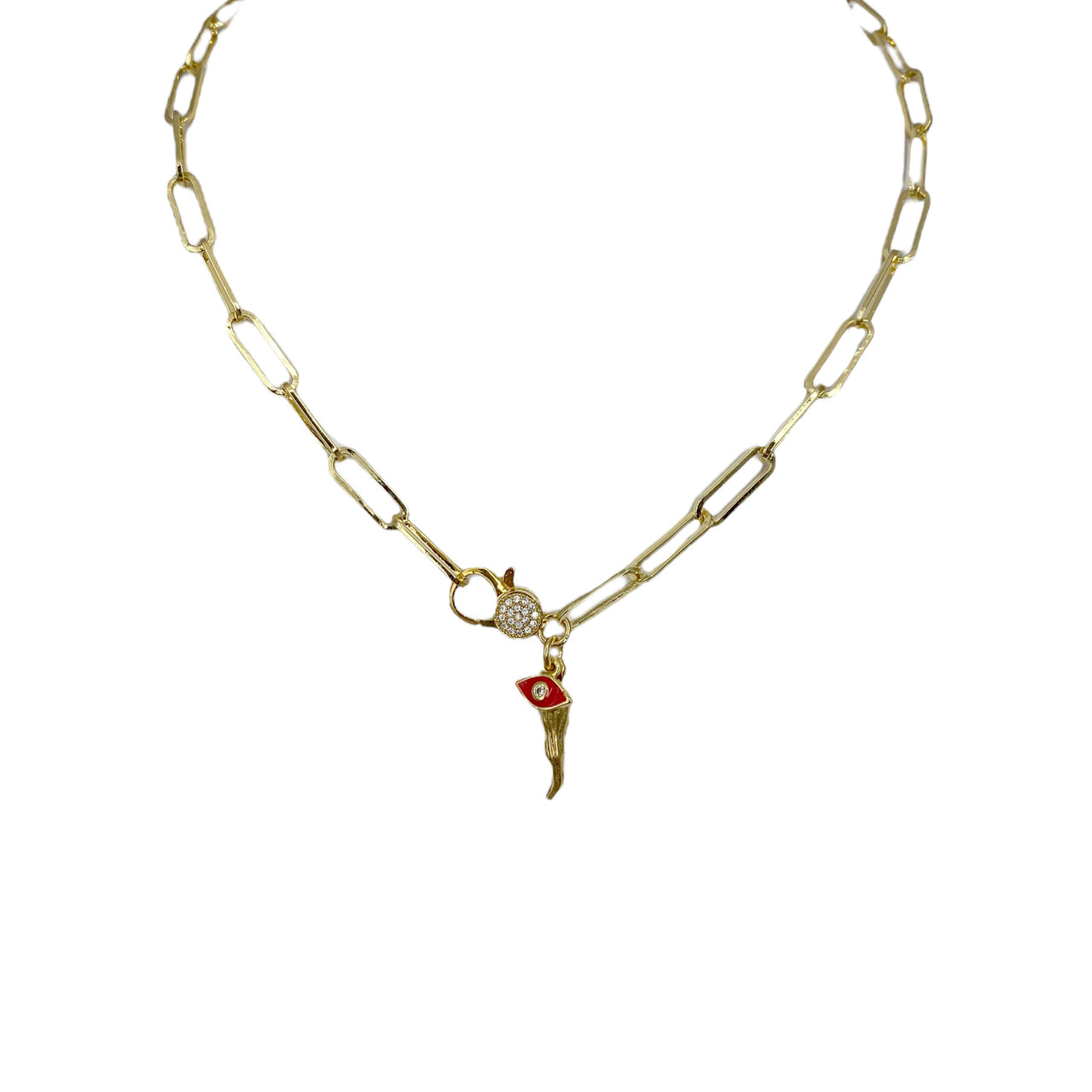 Gold Italian Horn necklace with red enamel evil eye charm on paperclip chain

