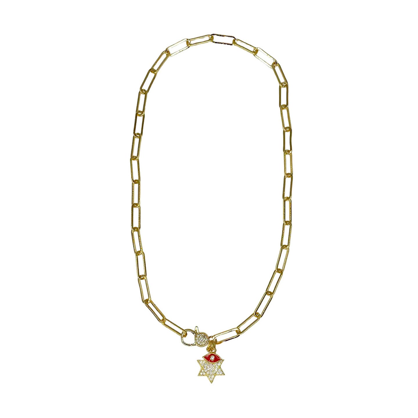 love lisa gold paperclip necklace with star of david charm and red enamel evil eye protective jewelry