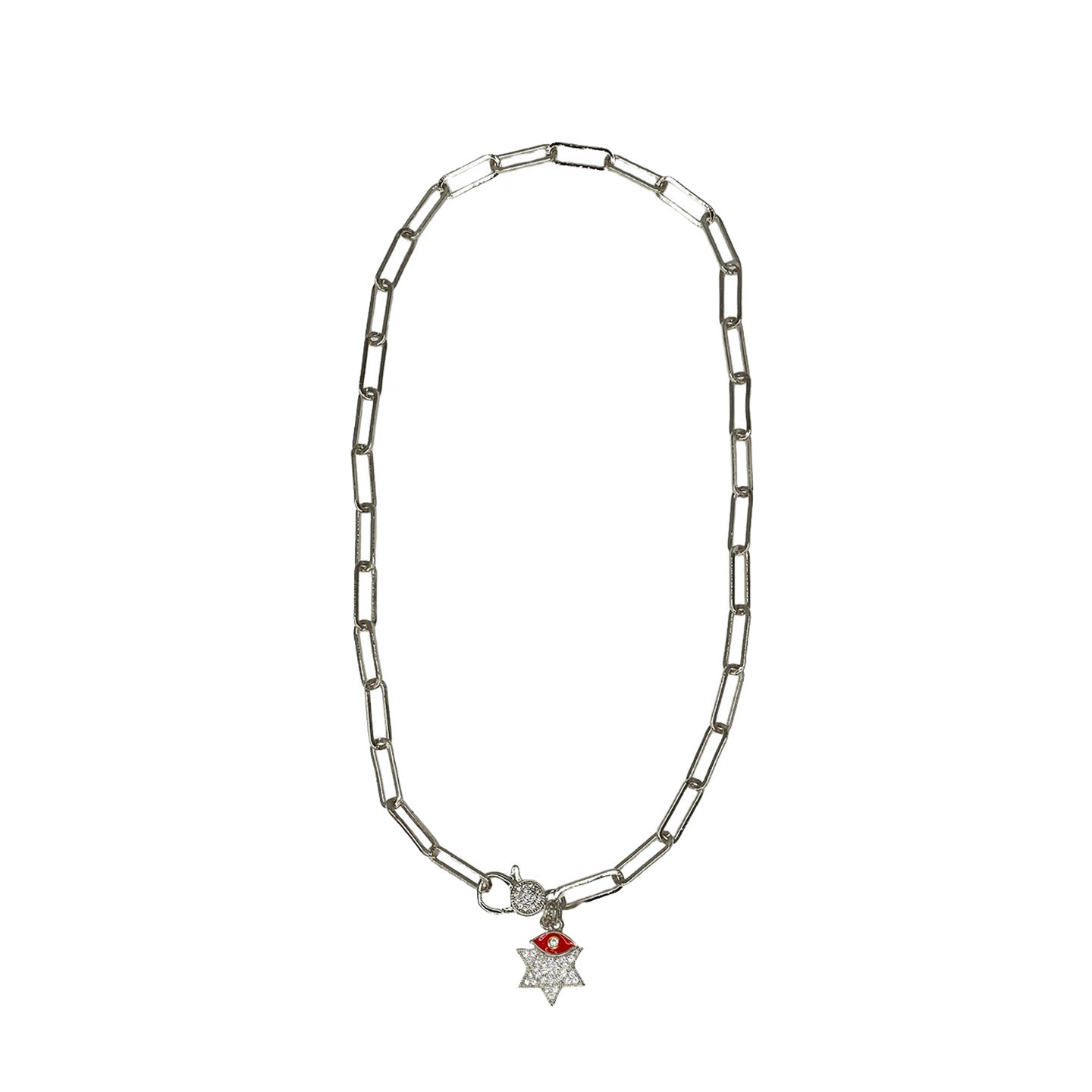 silver star of david necklace with red enamel evil eye charm on paperclip chain love lisa jewelry