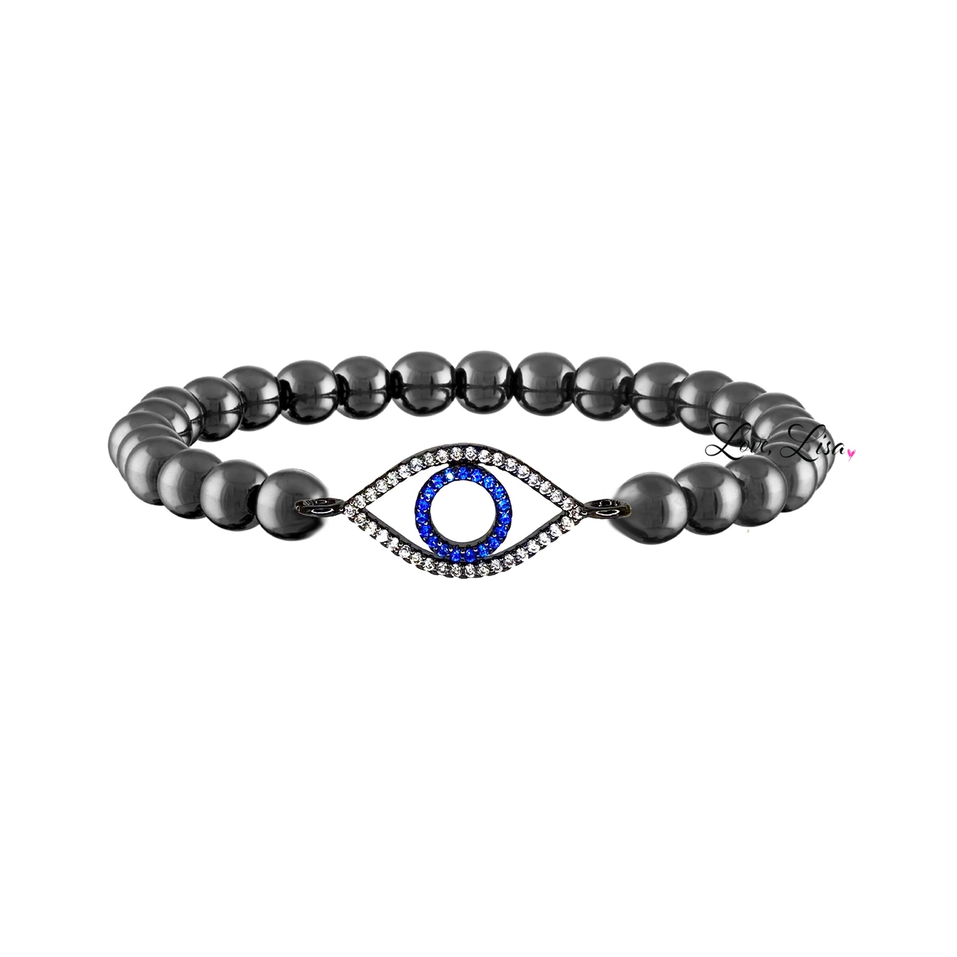 glam evil eye bracelet gunmetal version featuring blue evil eye charm love lisa