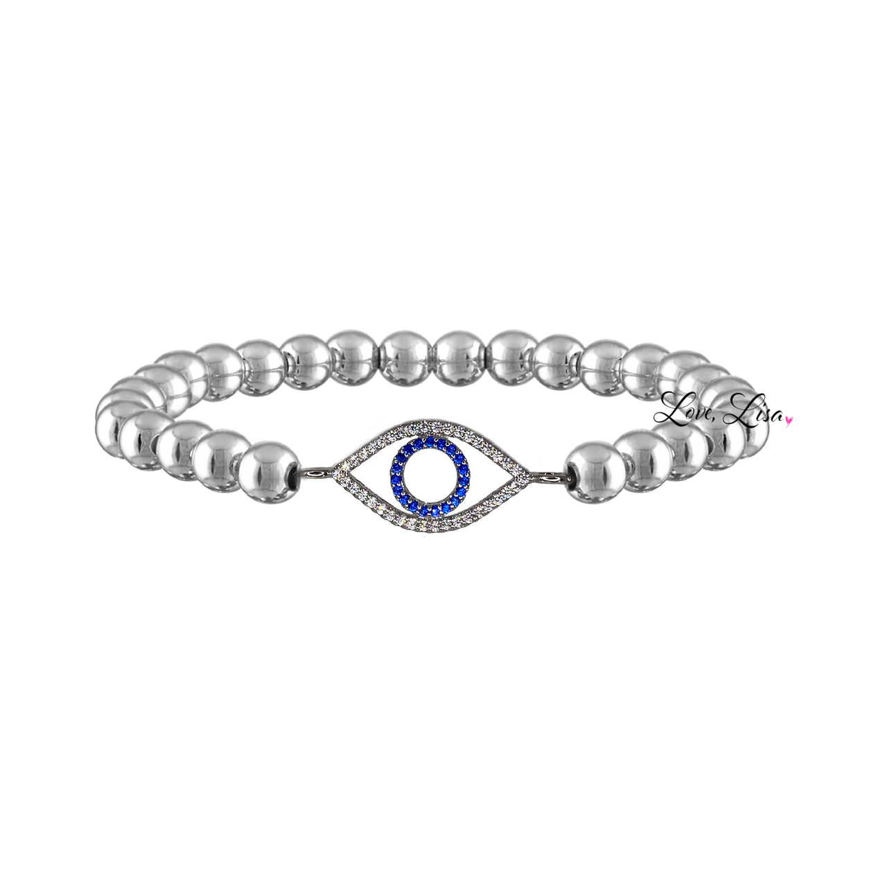 A bracelet featuring a series of silver-colored beads, with a prominent blue and clear embellished eye-shaped charm, and a silver clasp.