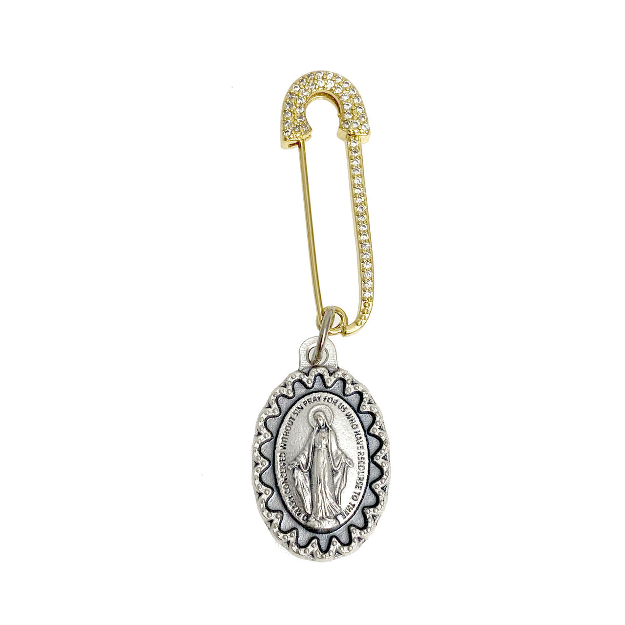 gold safety pin with silver Miraculous medal faith jewelry