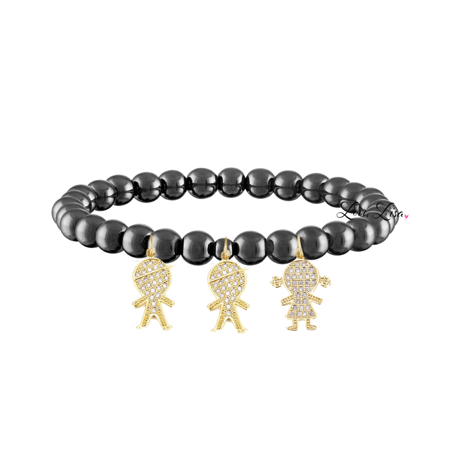 gunmetal grandma bracelet with three gold grandchildren charms