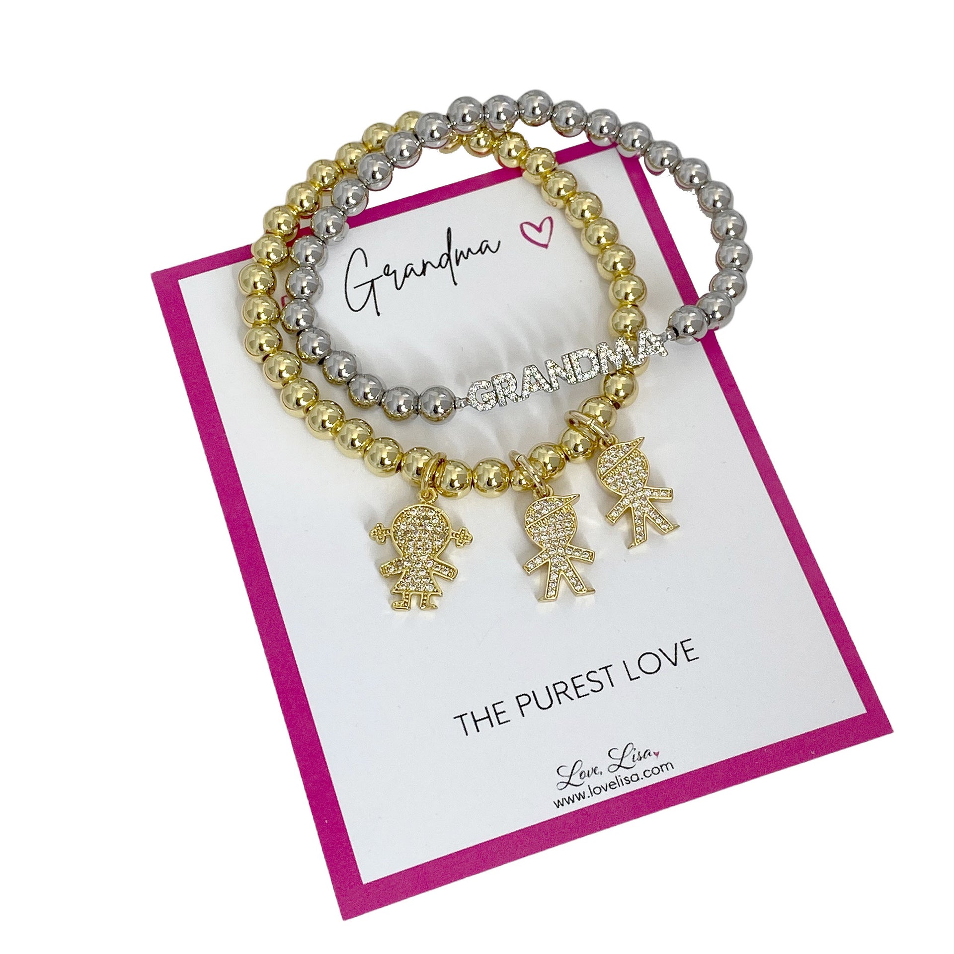 grandma bracelet with grandchildren charms displayed on gift card