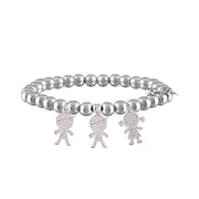 A two-layered bracelet with silver-colored beads and two silver charms in the shape of a grandmother and a child.