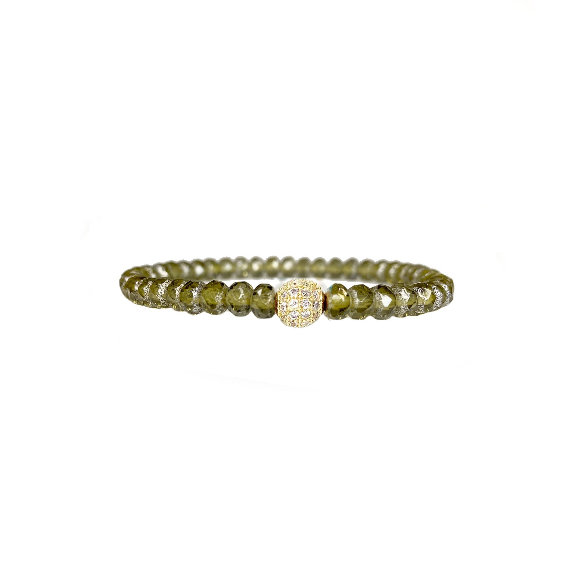 olive green harper pave bracelet with earthy faceted glass beads and shimmering pave crystal accent by Love Lisa