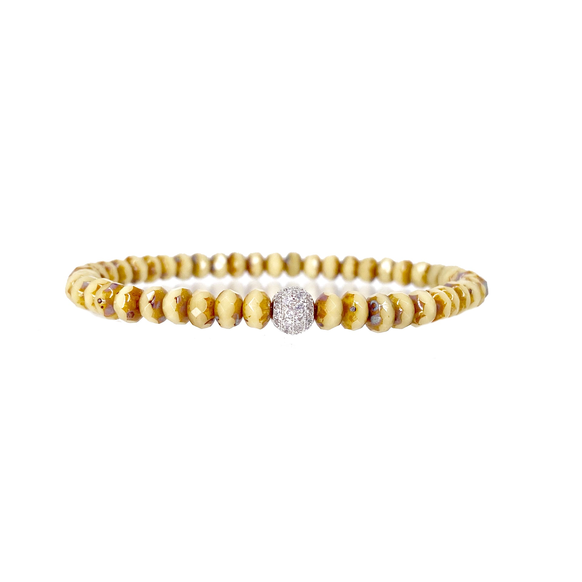 tan harper pave bracelet with neutral 6mm faceted beads and sparkling crystal connector by Love Lisa jewelry