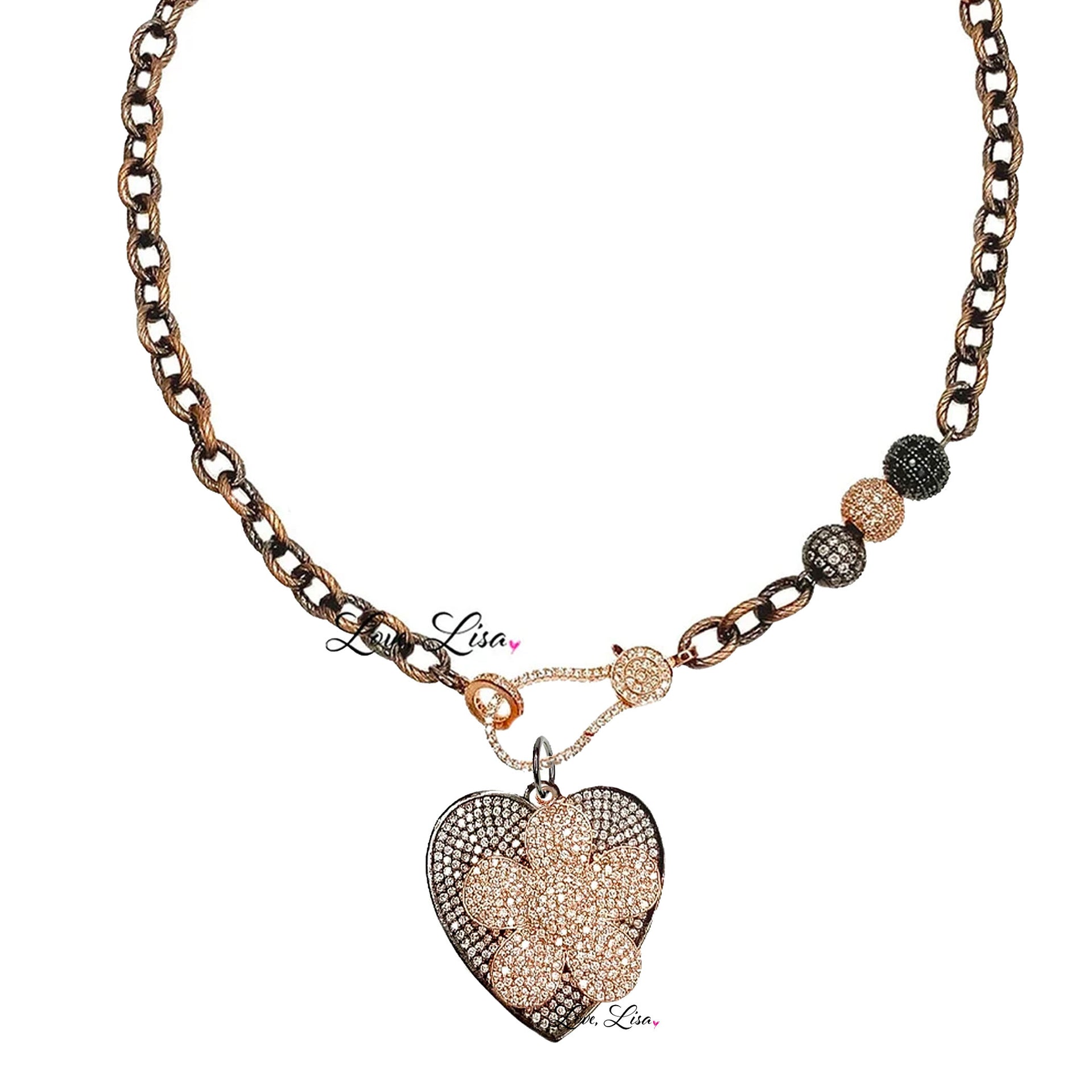 love lisa heart flower charm gunmetal rose gold on clasp necklace