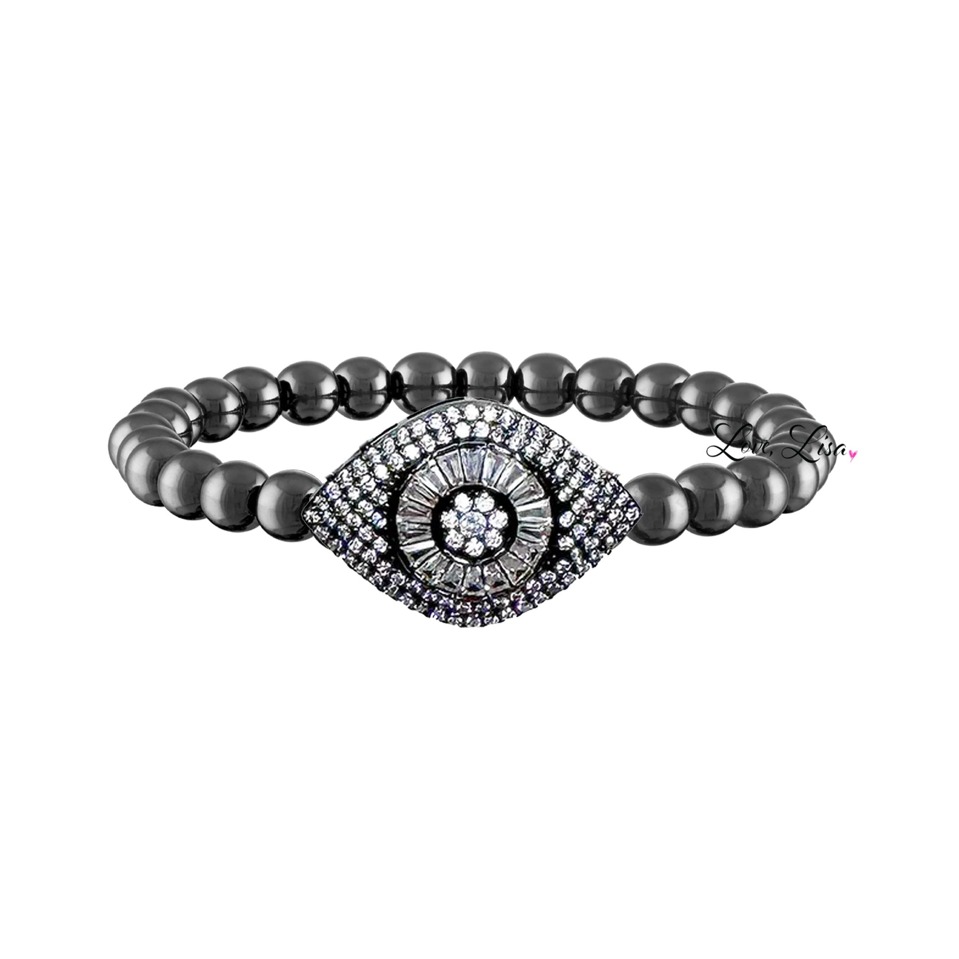 laurel luxe evil eye bracelet gunmetal beaded stretch bracelet with pave evil eye charm
