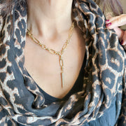 love lisa layla y link necklace on model layered necklace with pave dagger pendant