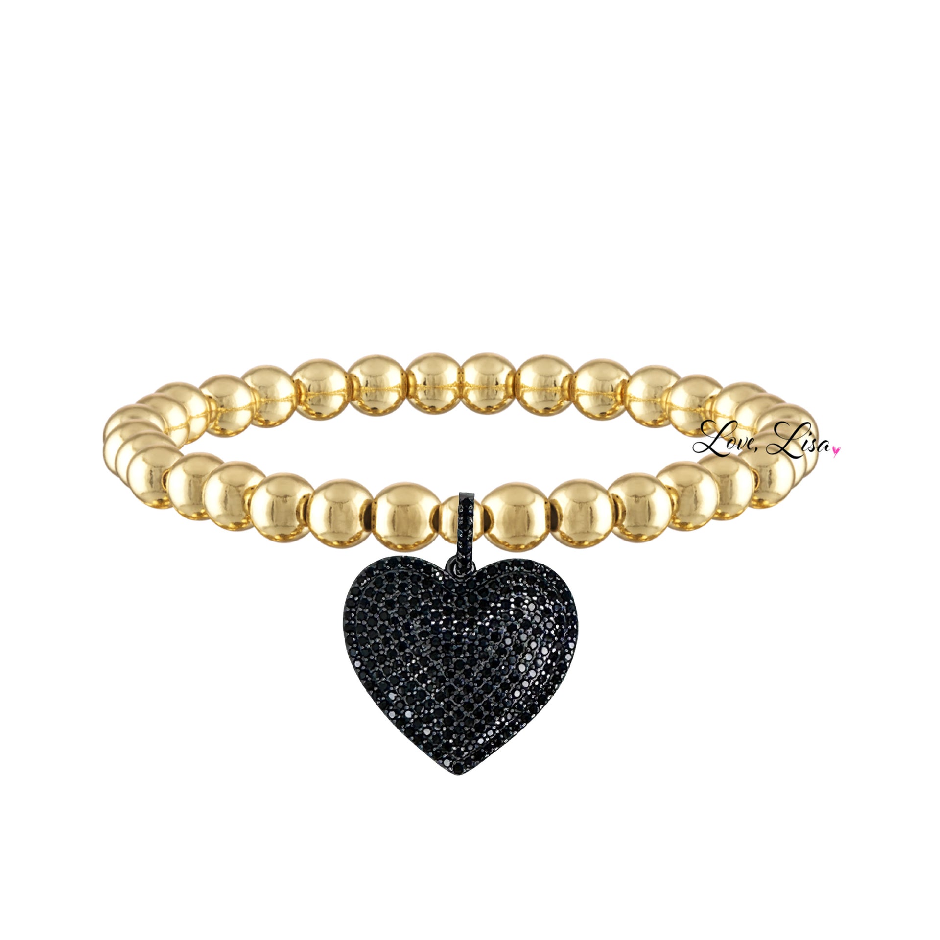 lila allure beaded heart bracelet in gold black with gold tone beads and a bold black pave crystal heart charm for a modern look