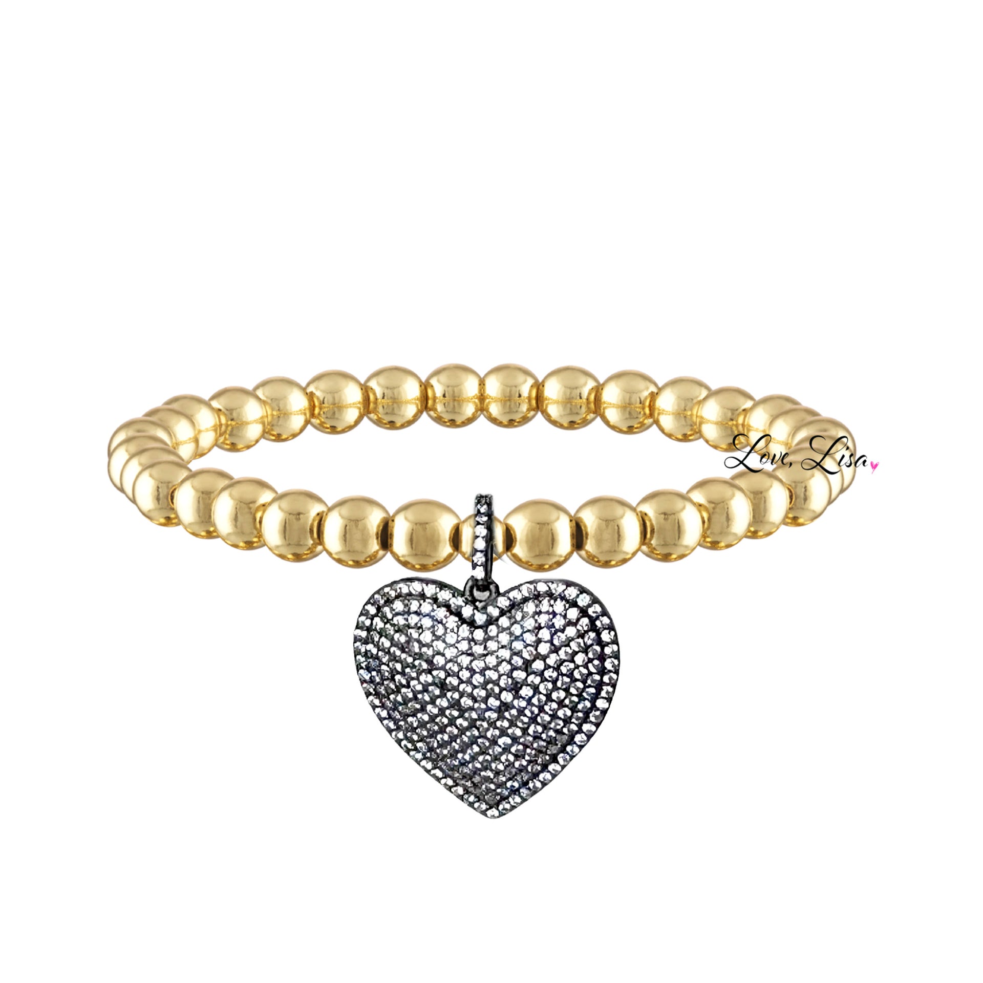 lila allure beaded heart bracelet in gold gunmetal with gold tone beads and a bold gunmetal pave crystal heart charm for a modern look