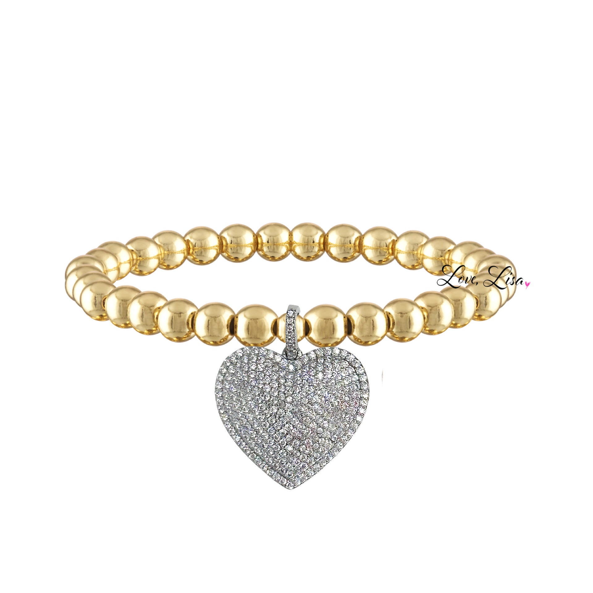 lila allure beaded heart bracelet featuring gold and silver tone beads paired with a silver pave heart charm