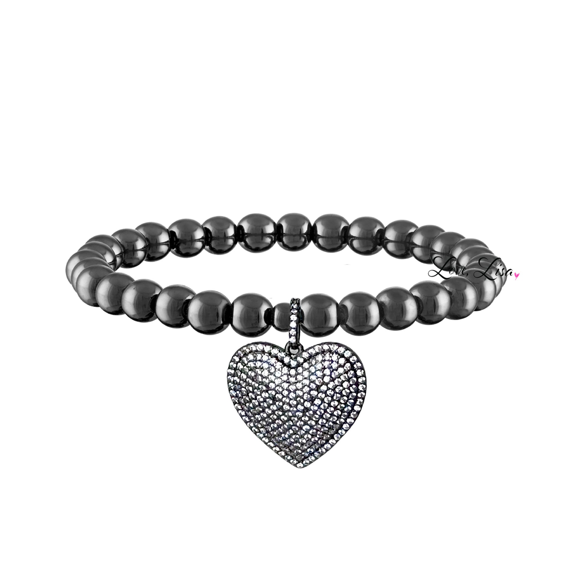 lila allure beaded heart bracelet in gunmetal with sleek metallic beads and a dark shimmering pave heart charm