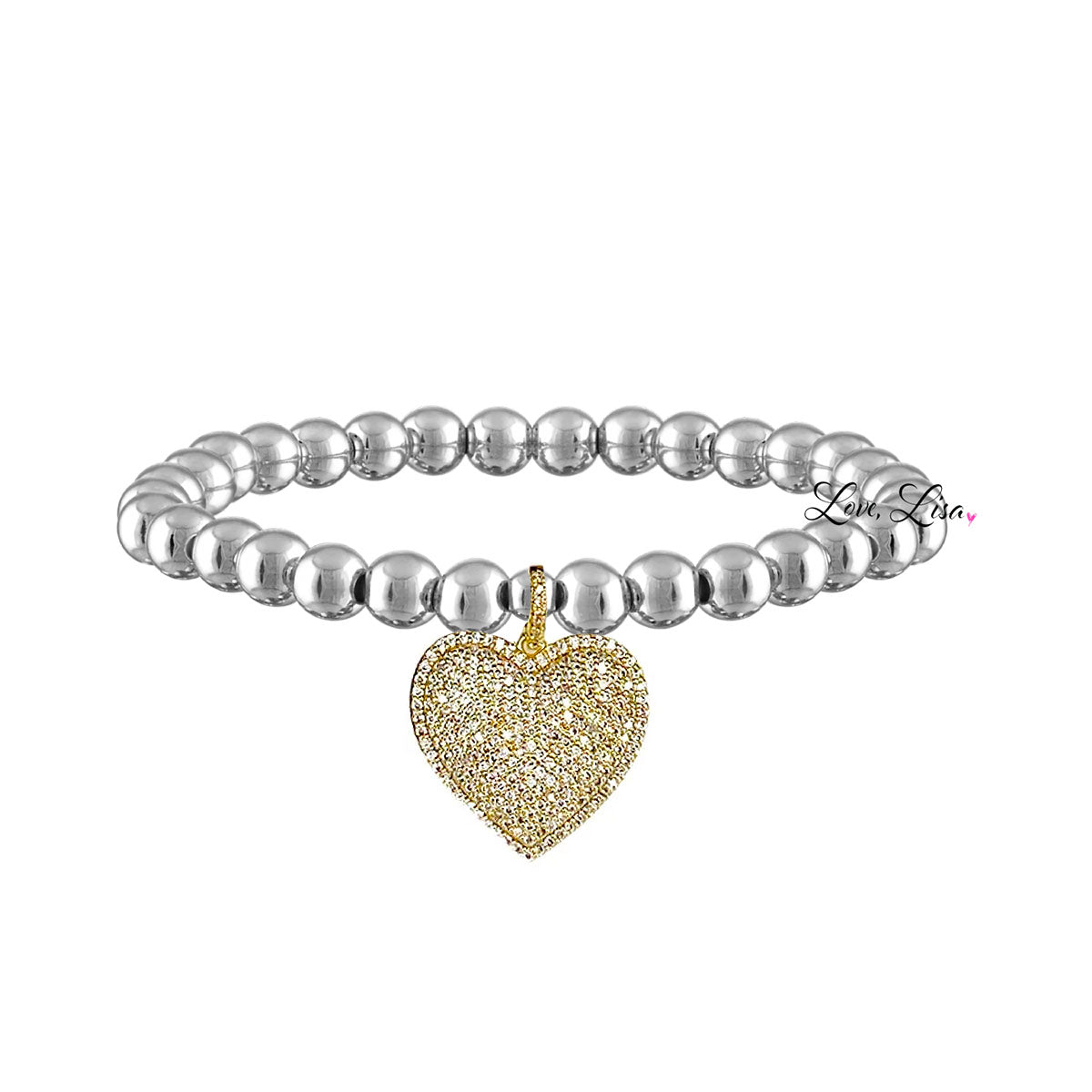 lila allure beaded heart bracelet in silver gold with alternating silver beads and gold tone accents featuring a sparkling pave heart charm
