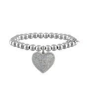 lila allure beaded heart bracelet in silver with smooth metallic beads and a radiant silver pave heart charm