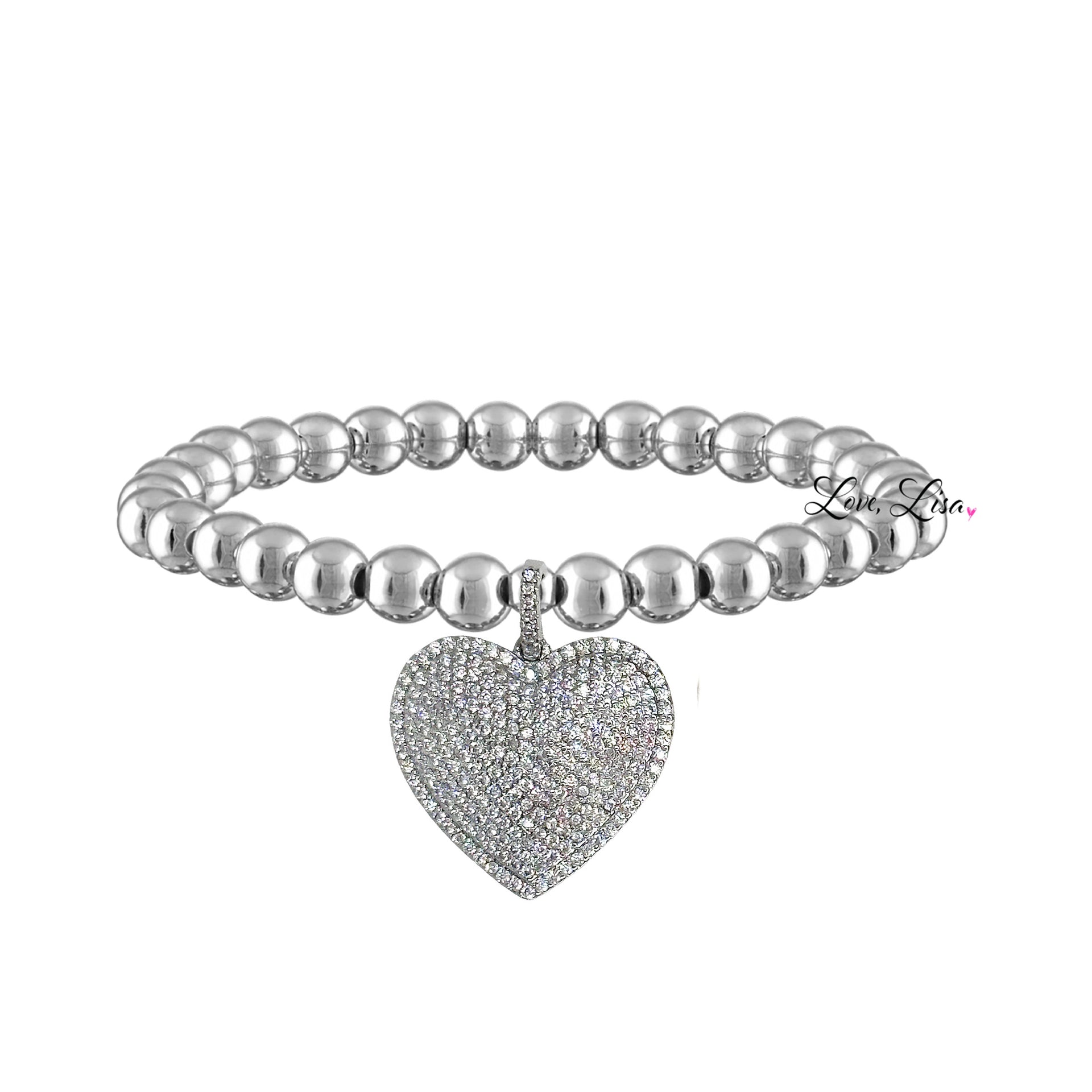 lila allure beaded heart bracelet in silver with smooth metallic beads and a radiant silver pave heart charm