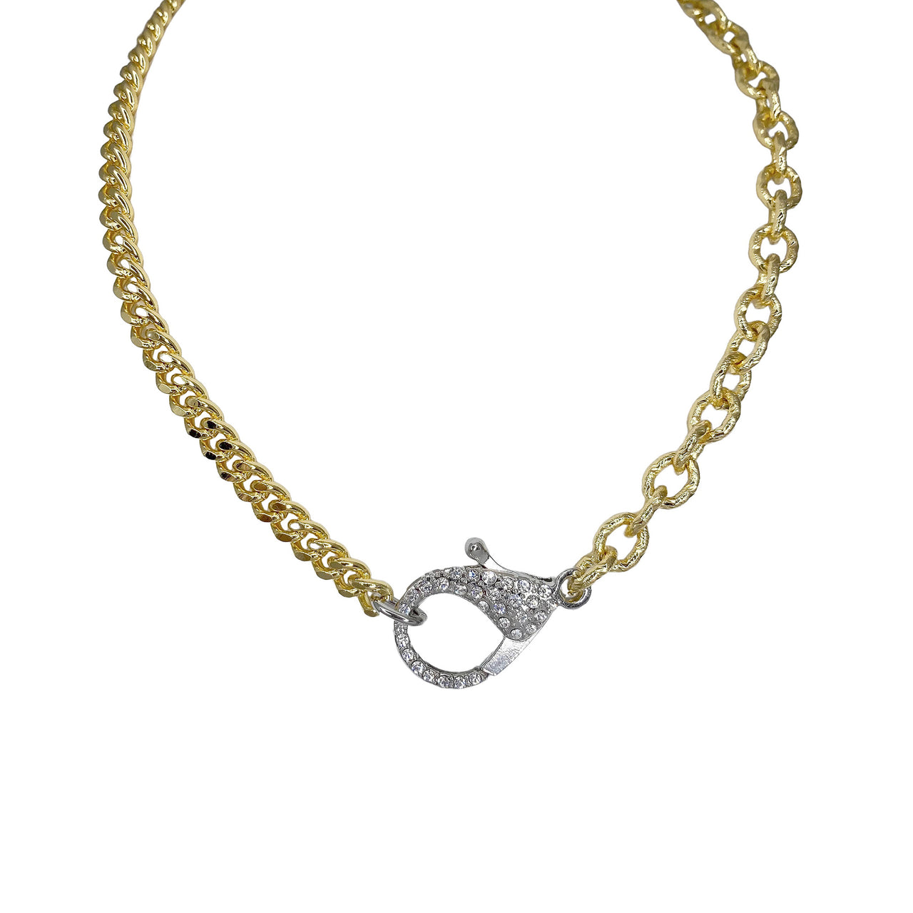 gold chain clasp necklace with crystal clasp centerpiece on white background