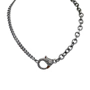 gunmetal chain clasp necklace with bold textured links and crystal clasp on white background
