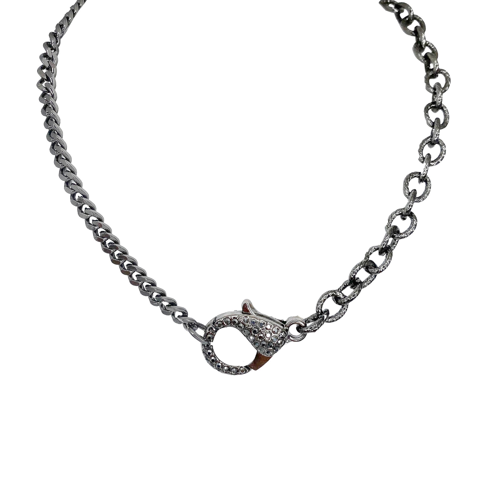gunmetal chain clasp necklace with bold textured links and crystal clasp on white background