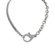silver chain clasp necklace with textured links and crystal clasp on white background