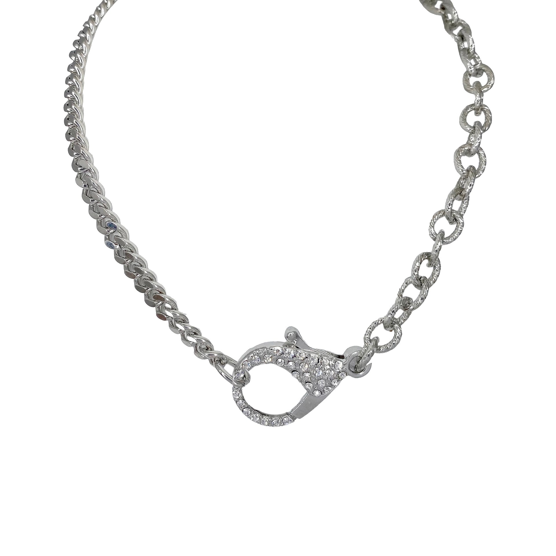 silver chain clasp necklace with textured links and crystal clasp on white background