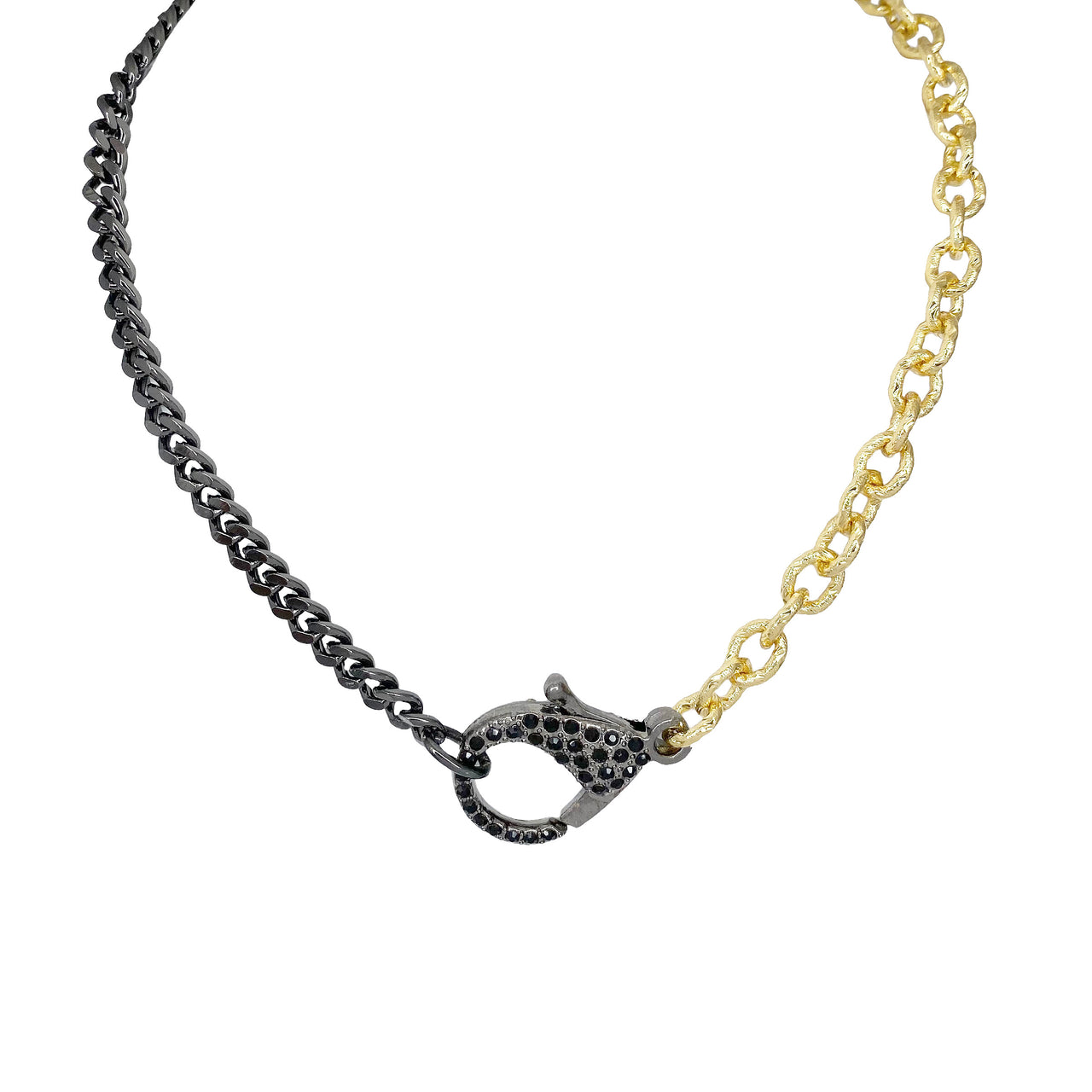 two tone silver and gold clasp necklace with sparkling front clasp on white background