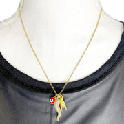 gold Italian horn necklace with CZ horn evil eye and hand charms displayed on necklace bust