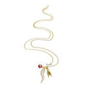 gold Italian horn necklace with CZ horn evil eye and hand charms displayed on white background