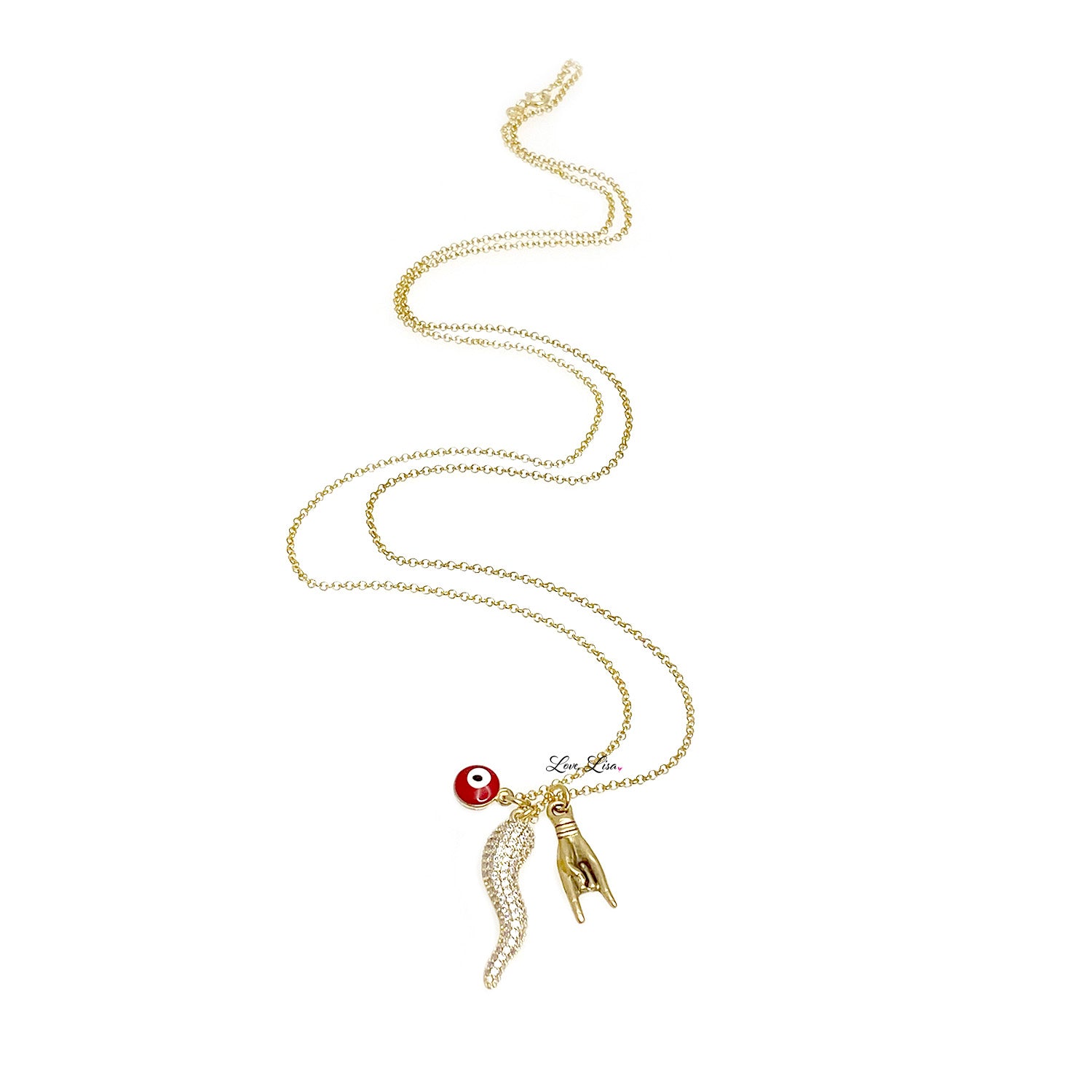 gold Italian horn necklace with CZ horn evil eye and hand charms displayed on white background