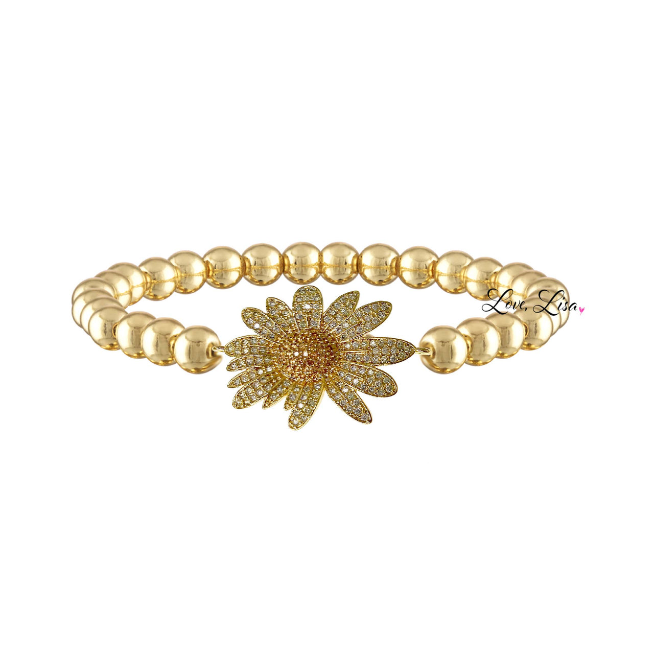 gold sunflower charm bracelet with polished gold beads and detailed sunflower pendant displayed on white background