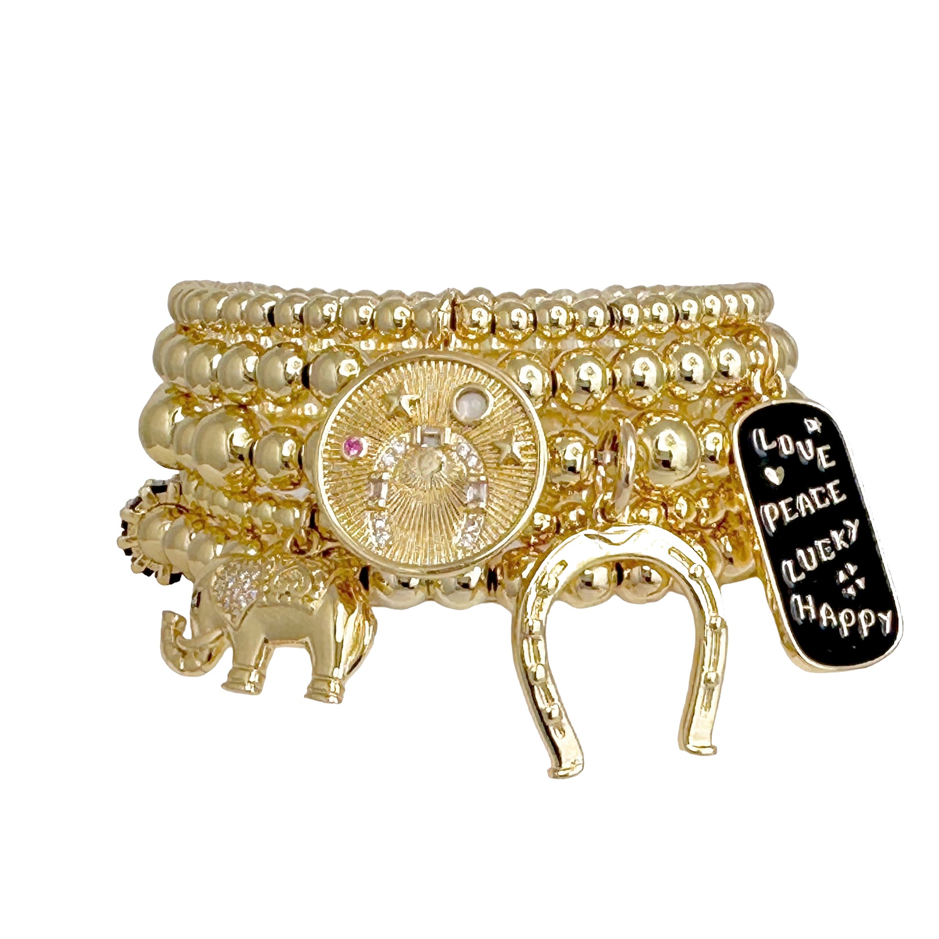 Love Lisa lori lucky lady bracelet collection gold stack with elephant charm horseshoe charm and inspirational charm