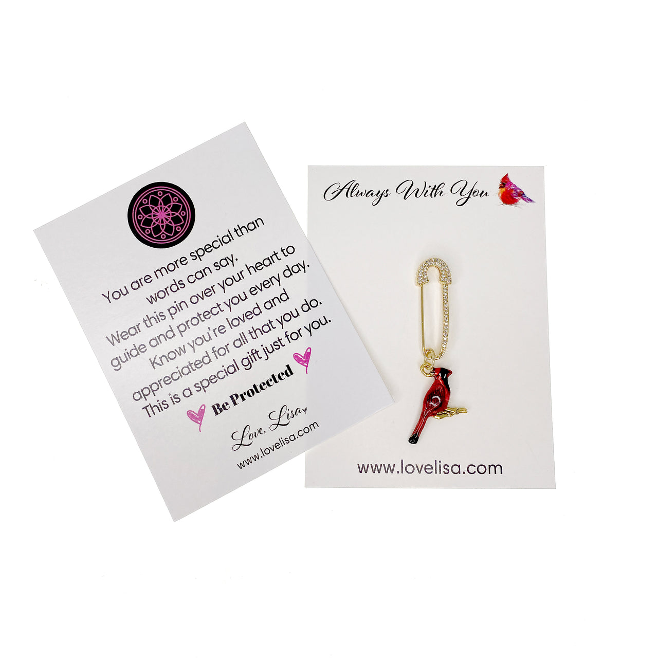 Love Lisa loris cardinal reminder pin gold safety pin and red cardinal charm displayed on message card