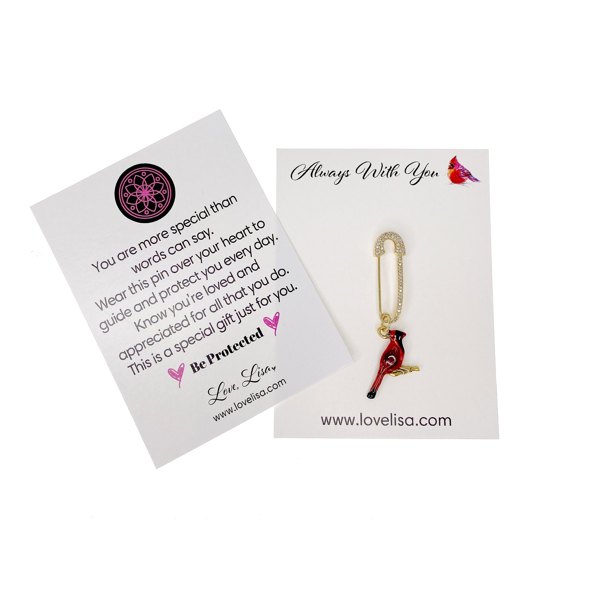 Love Lisa loris cardinal reminder pin gold safety pin and red cardinal charm displayed on message card