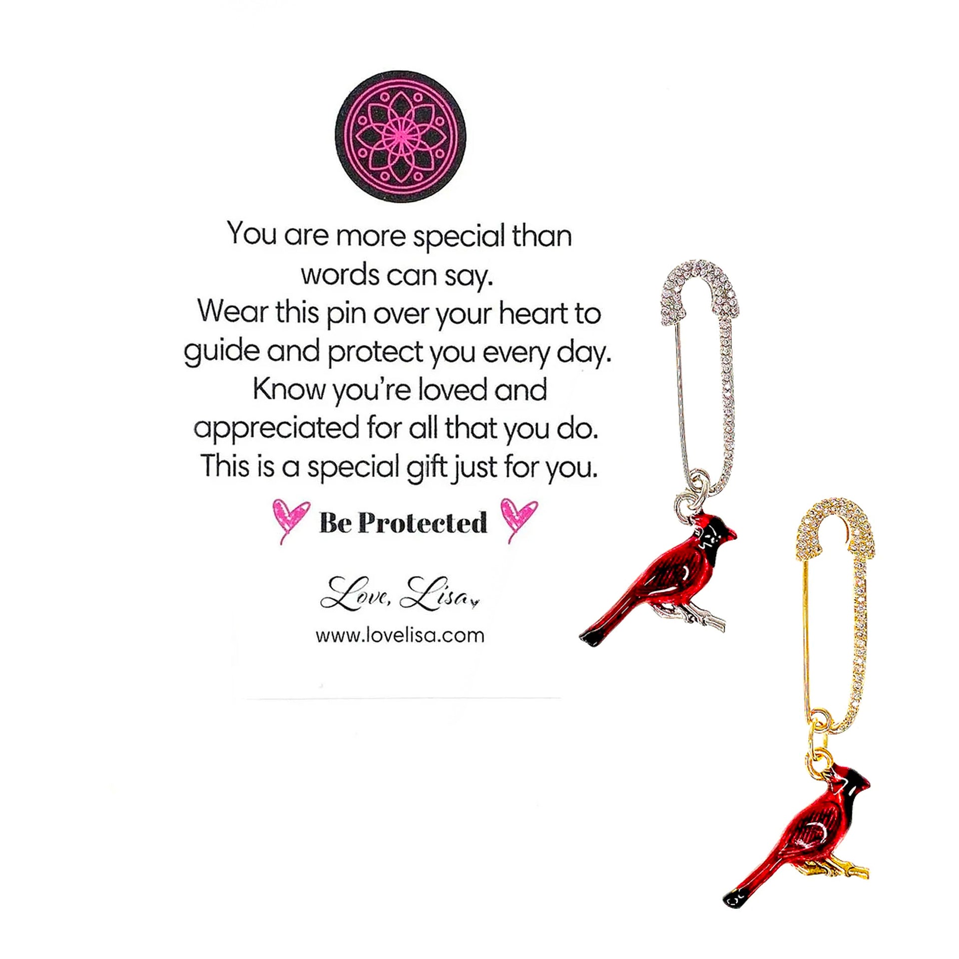 Love Lisa loris cardinal reminder pin gold safety pin with red cardinal charm and inspirational message card