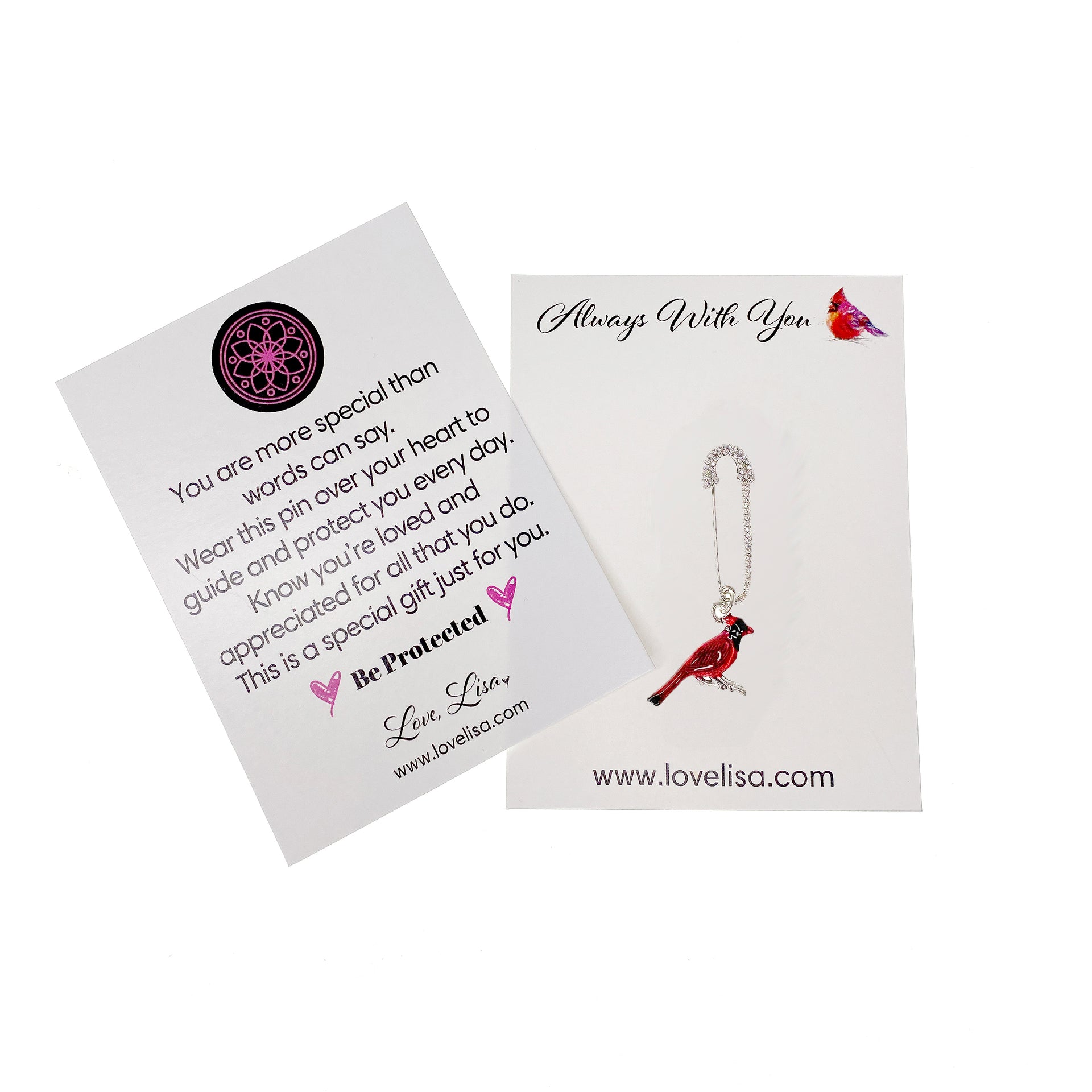 Love Lisa loris cardinal reminder pin silver safety pin with red cardinal charm on message card