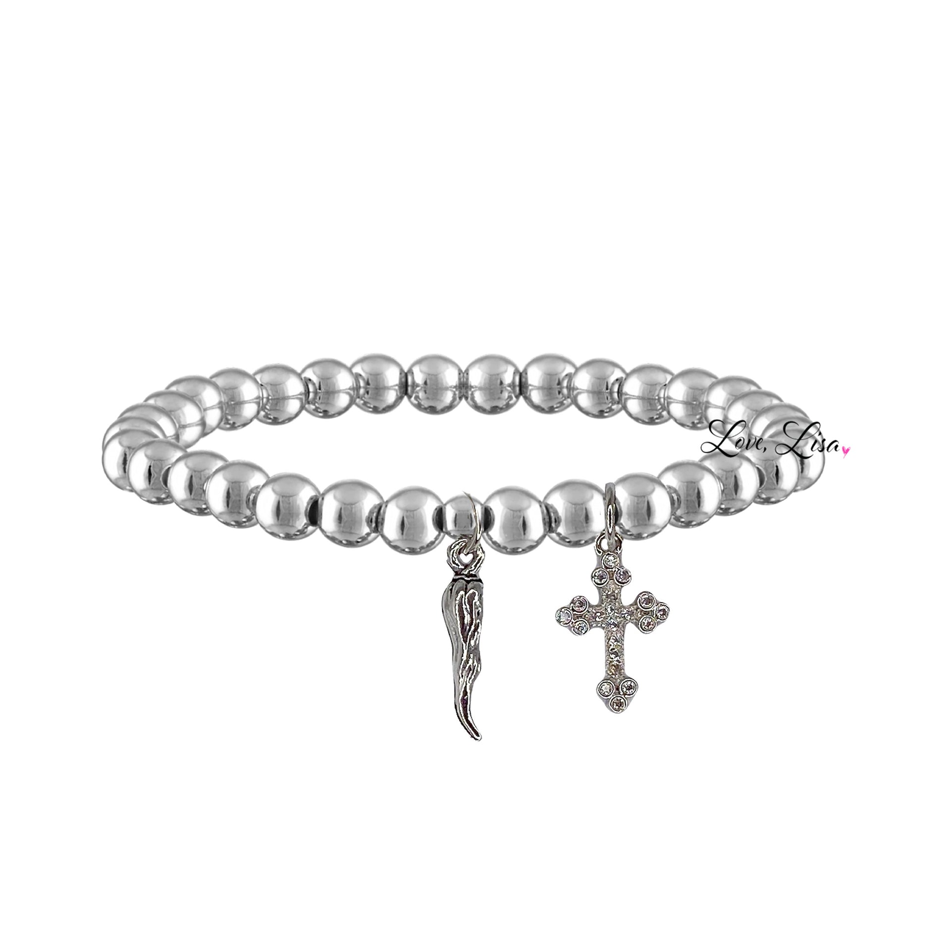 lucia cornicello cross bracelet silver beaded bracelet with italian horn charm and crystal cross protection jewelry