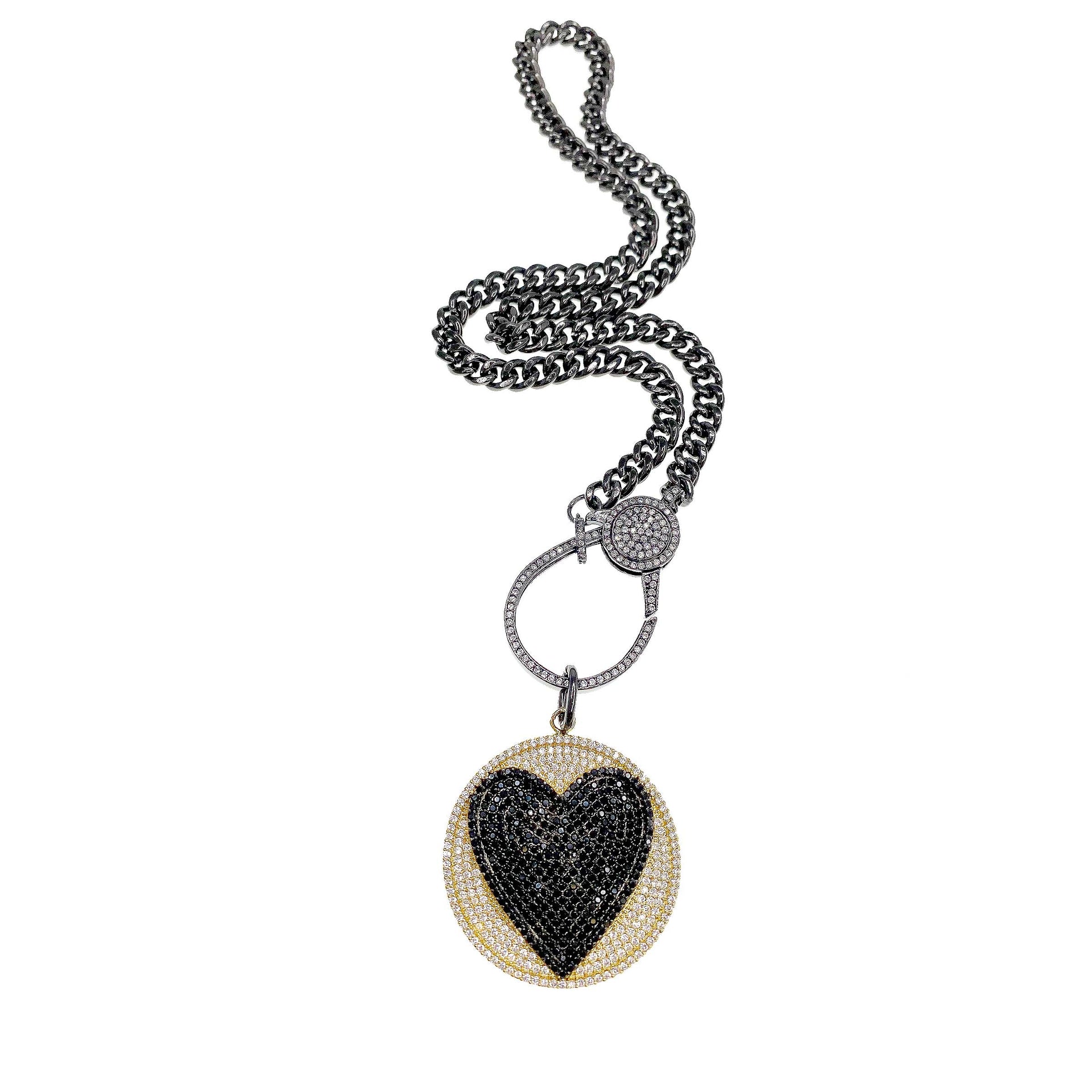 luna love heart disc charm gold black pave heart charm styled on silver clasp chain
