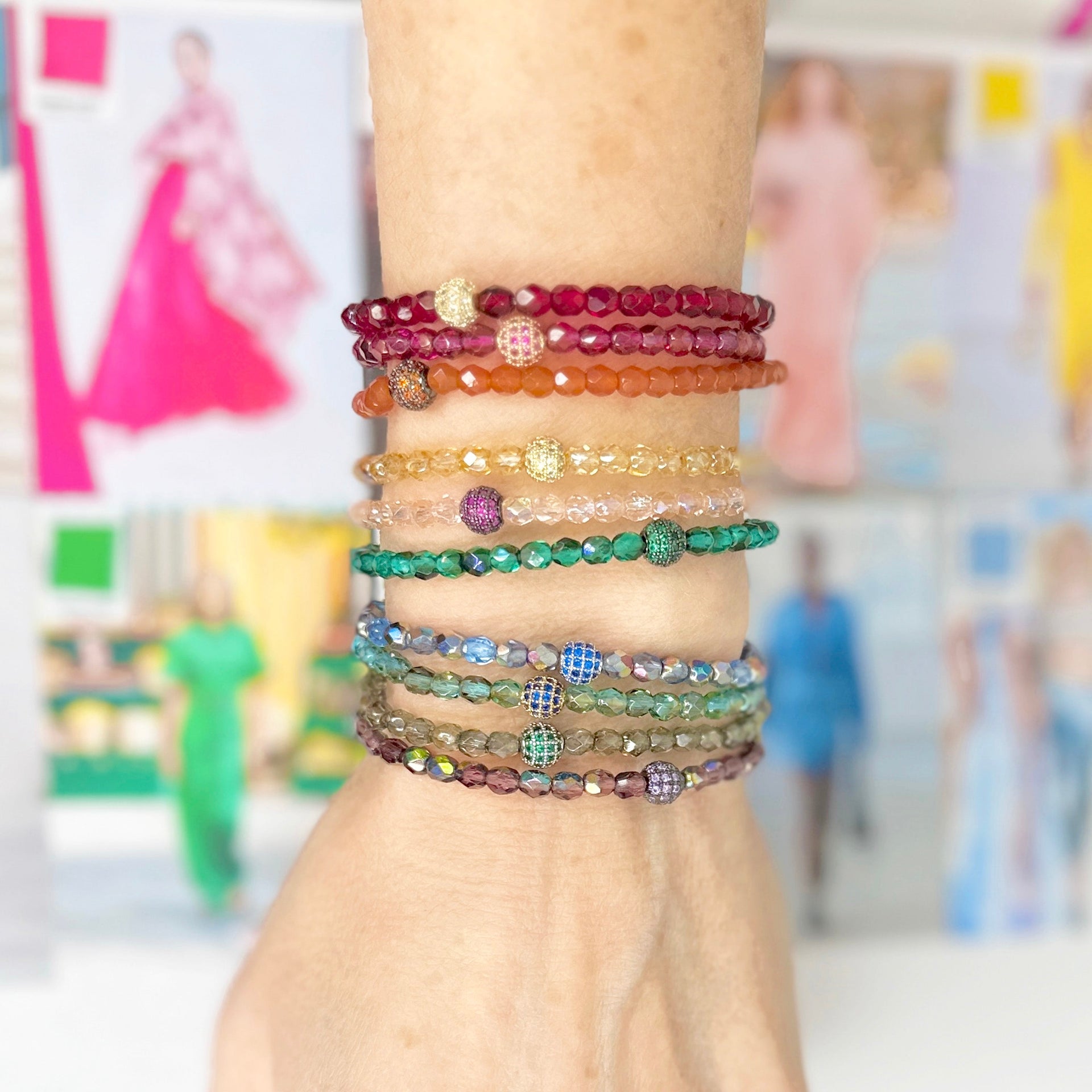 love lisa lifestyle arm stack wearing madison colorful candy pave bracelets in multiple colors