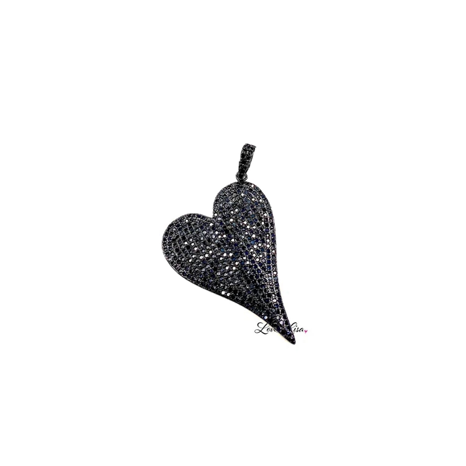 Magnificent slanted heart charm black diamond pave heart pendant charm